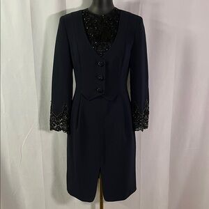 Vintage Badgley Mischka Navy Beaded Lace Accent Faux Suit Dress
